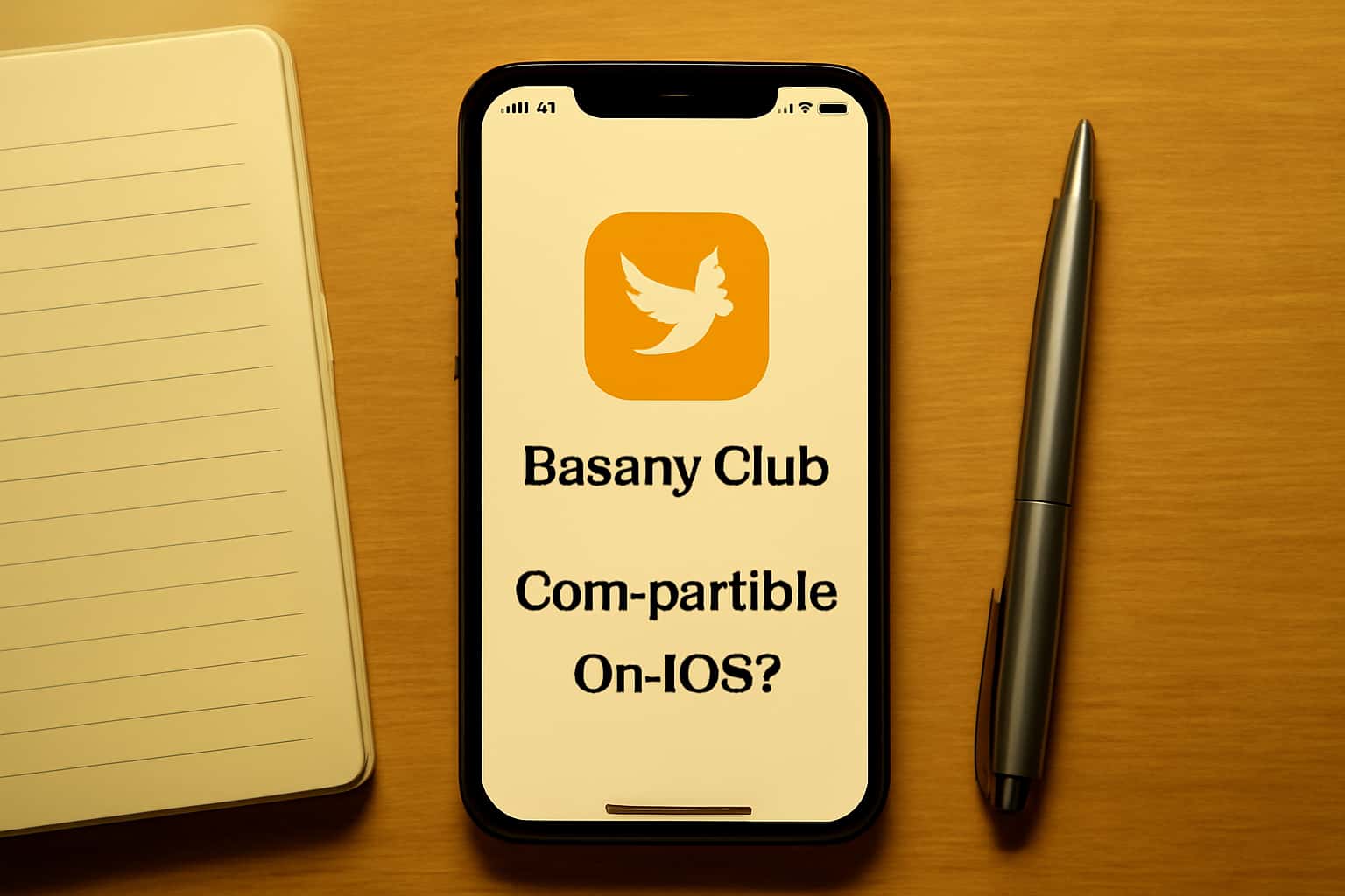 A futuristic rendered image showing compatibility of Basant Club on iOS devices.