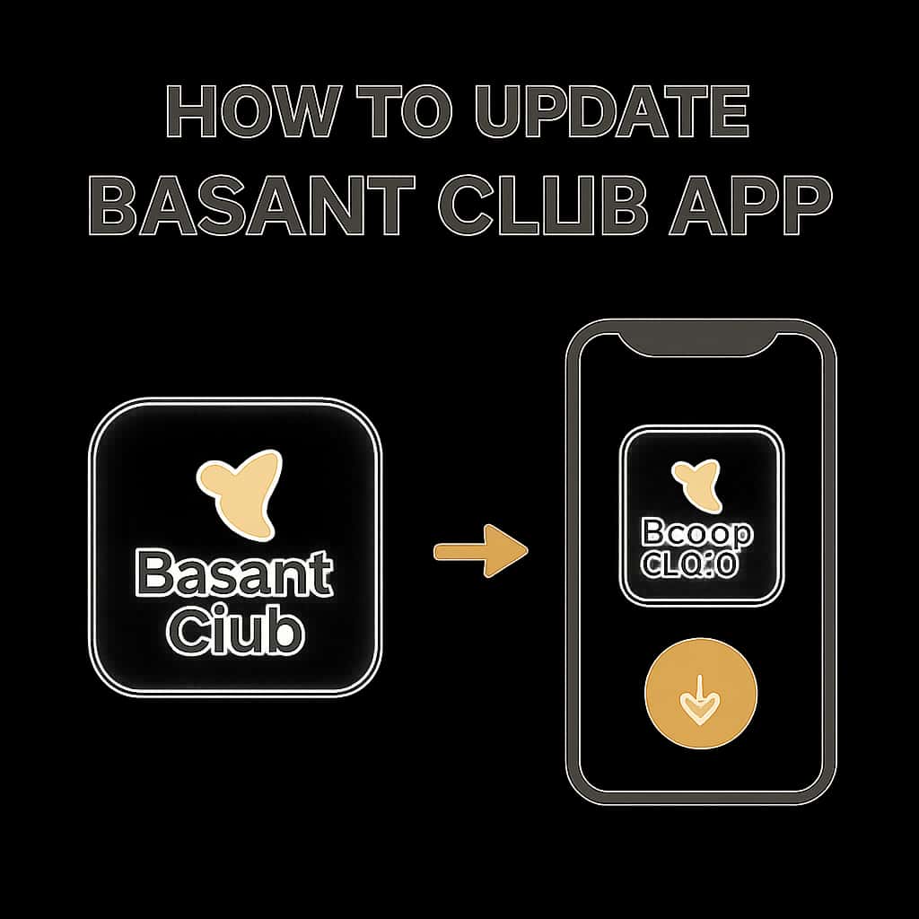 An educational illustration showing steps to update the Basant Club app.