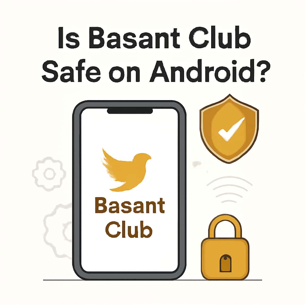 An educational illustration outlining security steps for using Basant Club on Android.